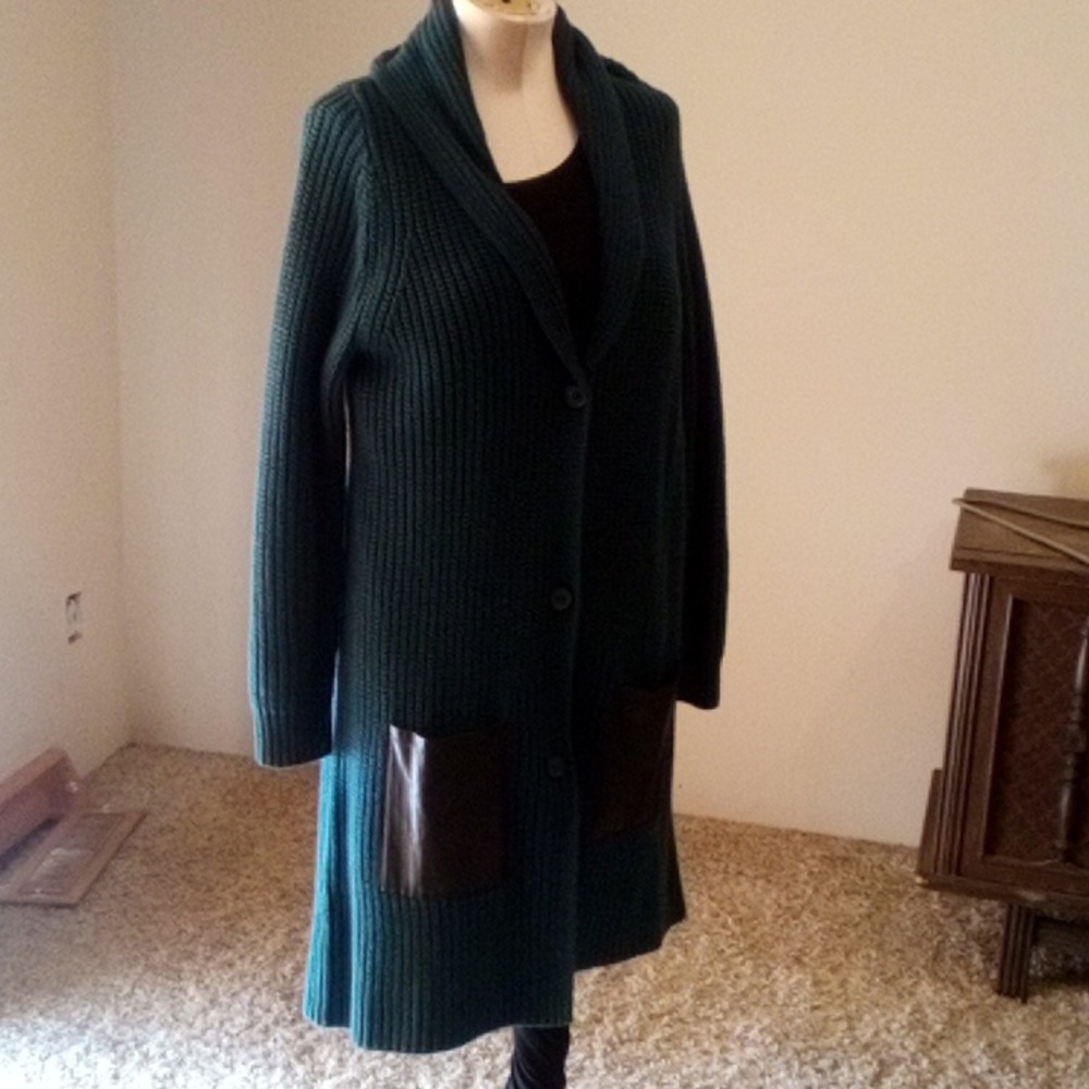 Cardigan long deep dark teal with black pocket denim and and co med runs big